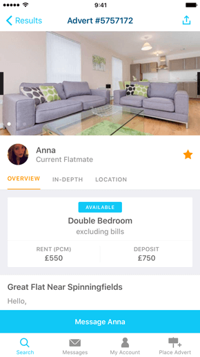 SpareRoom iPhone App screenshot of saved property